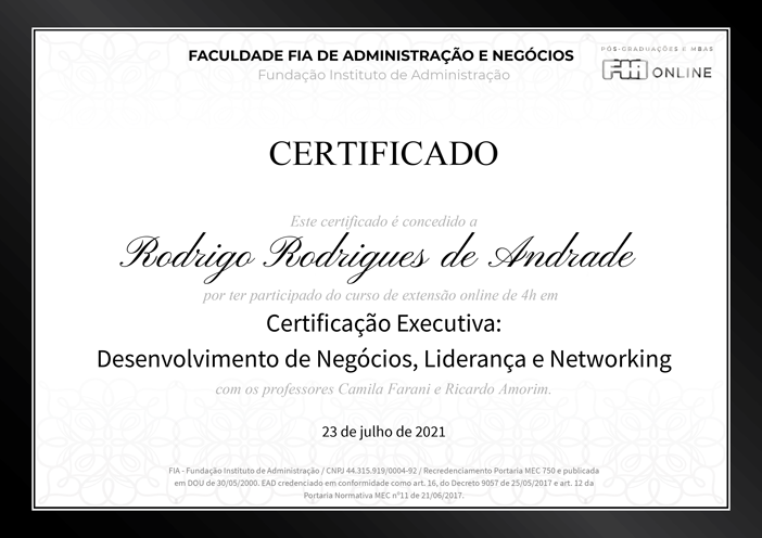 Certificação Executiva Desenvolvimento de Negócios, Liderança e Networking - FIA Online